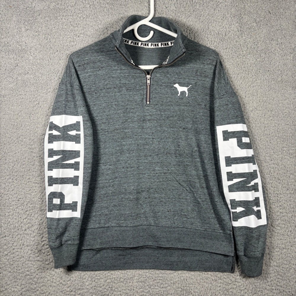 PINK Pullover Women Small Gray Quarter Zip Heathered Logo Sleeve Graphic Top